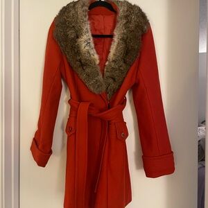 Vintage Orange Trench Coat with Fur Collar